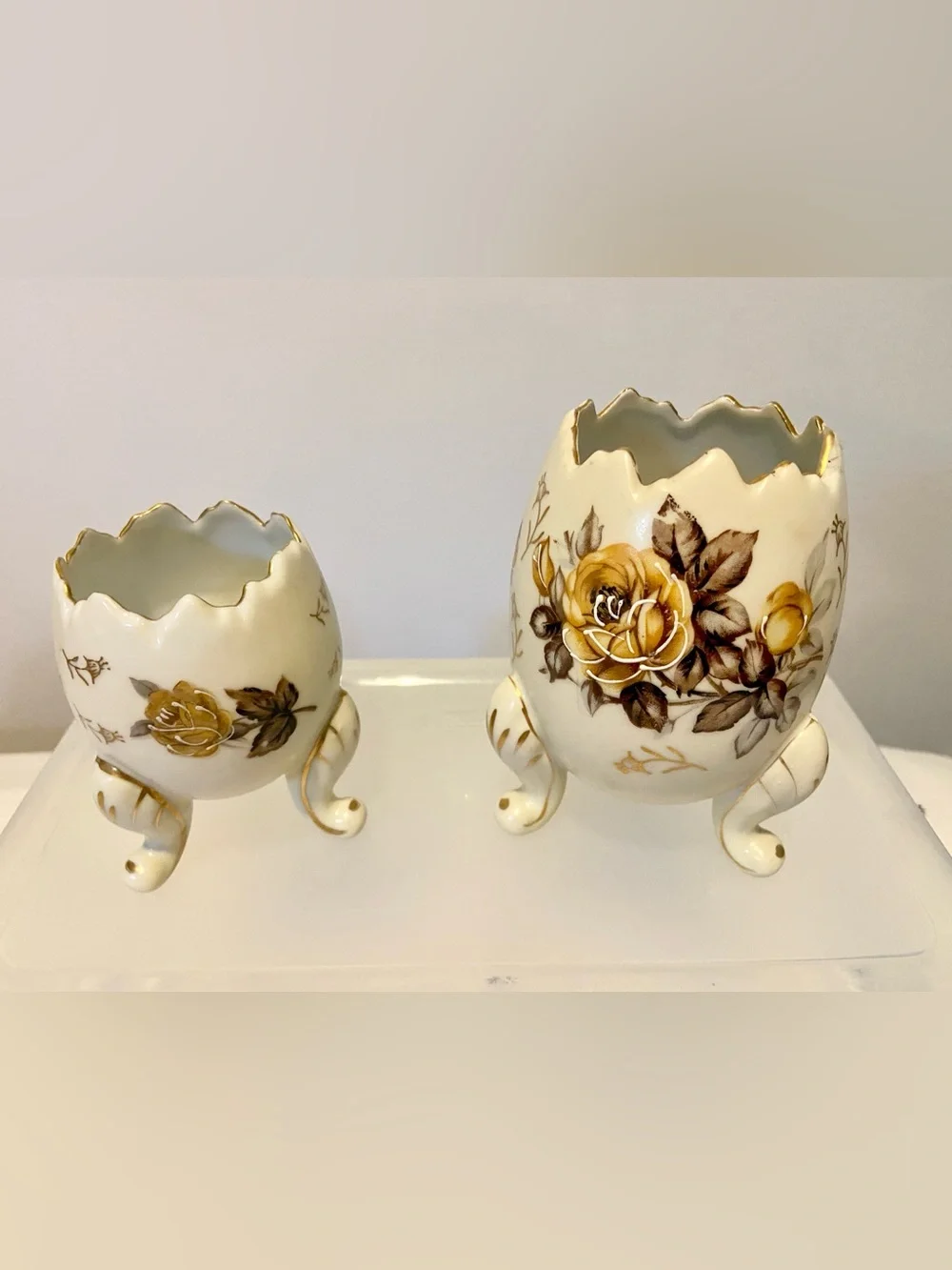 Pair of Vintage Napcoware Cracked Egg Vases with Brown and Gold Flowers